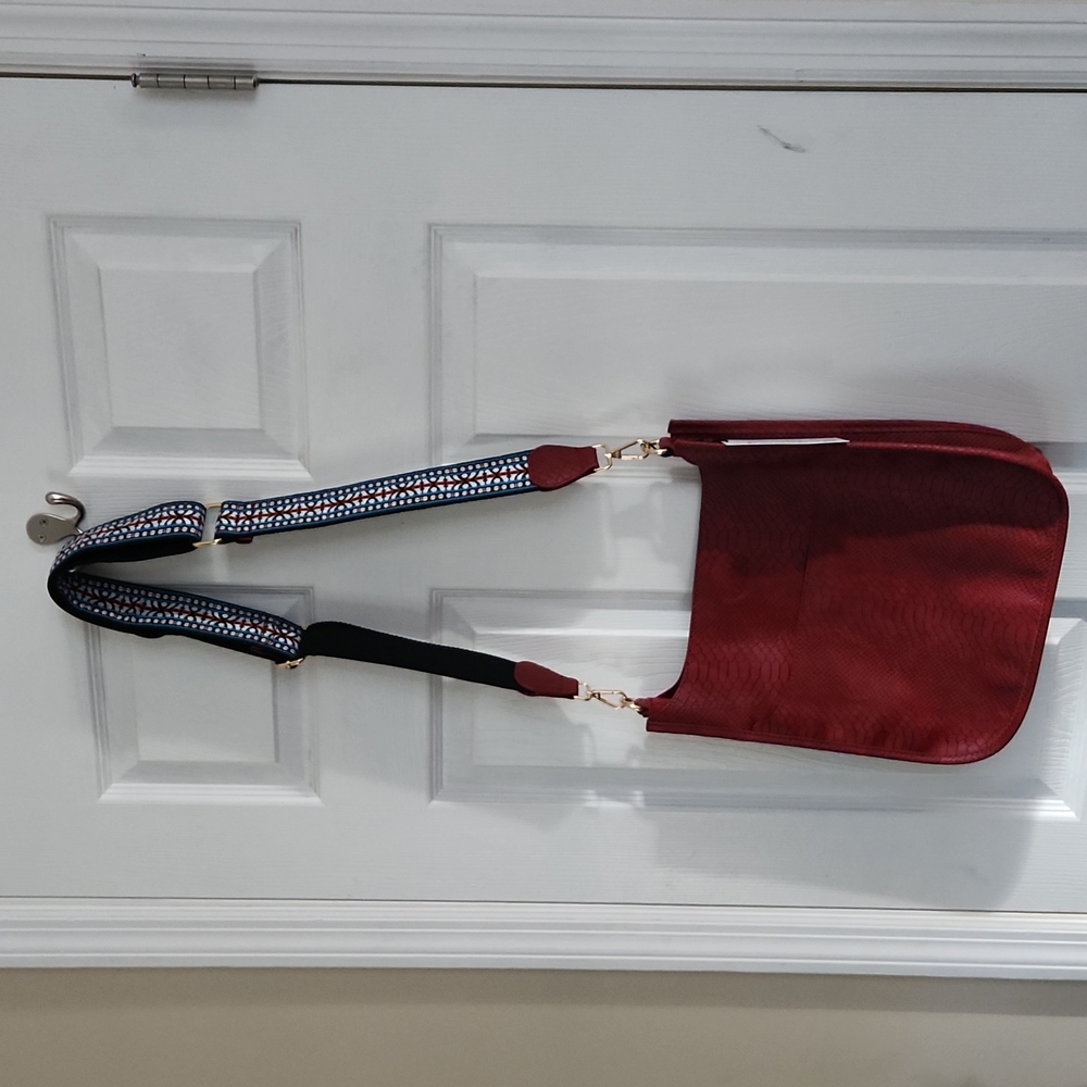 Maroon faux croc purse with adjustable guitar strap